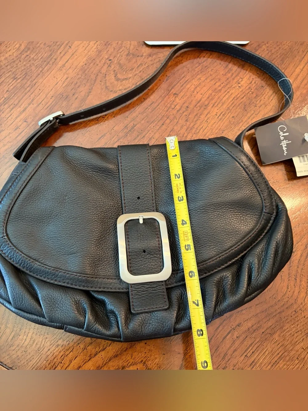 Cole Haan Small Flap Bag Black Leather w/ Silver Buckler